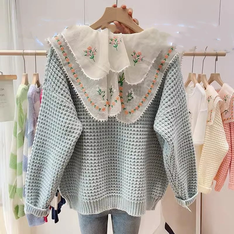 Damen gestickterCardigan mit weit geschnittenem Kragen R&B