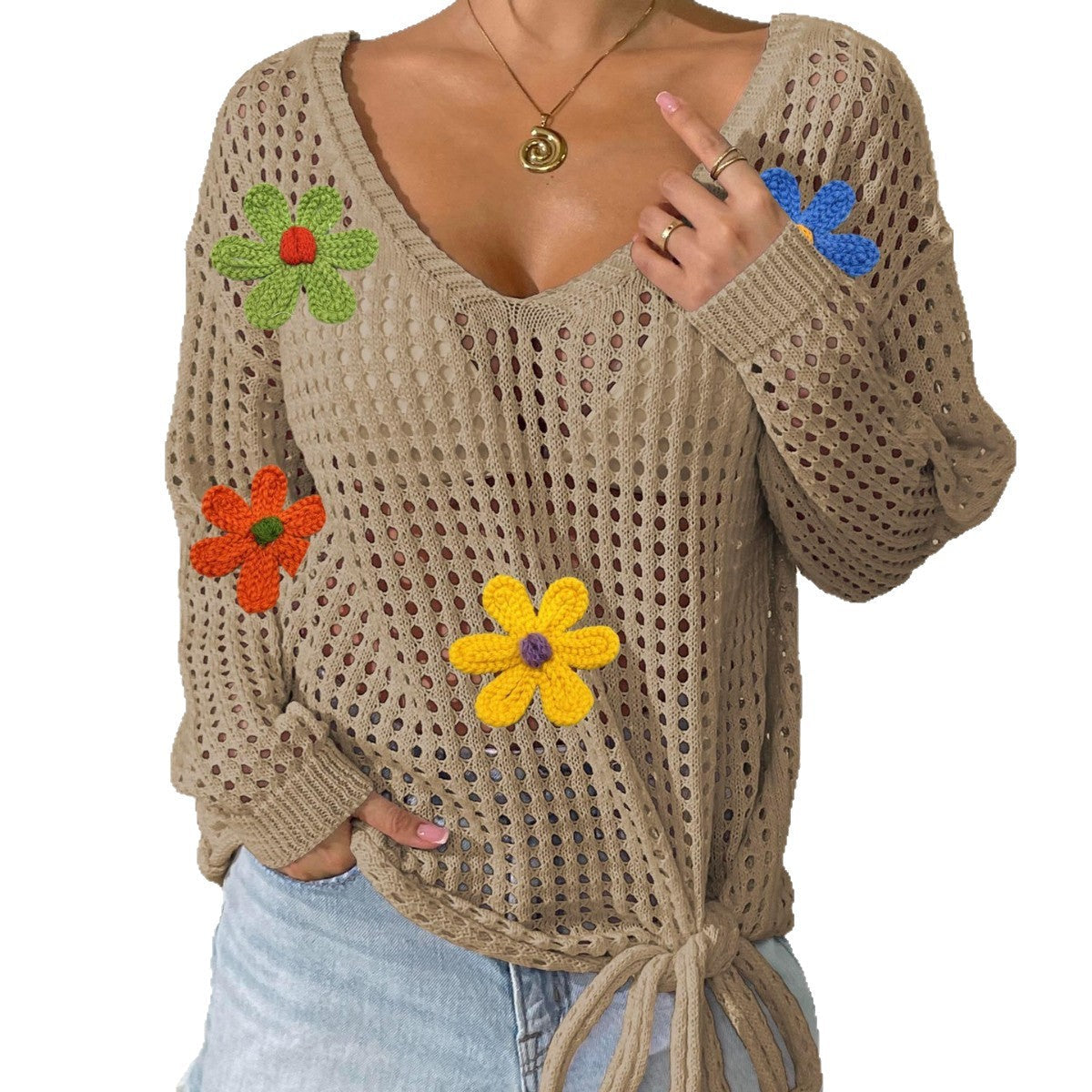 Damen Häkeloberteil mit Blumenapplikationen R&B