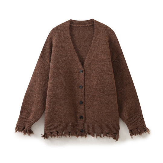 Damen lässige Strickjacke mit fransigem Saum und knöpfbarem Verschluss R&B