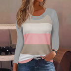 Damen Langarm T-Shirt mit modischem Streifenmuster und dekorativen Knöpfen R&B