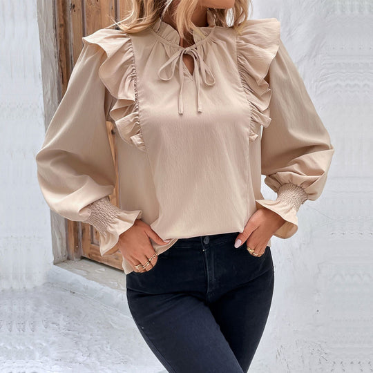 Damen Elegante Bluse mit Rüschendetails und bindbarem Hals R&B
