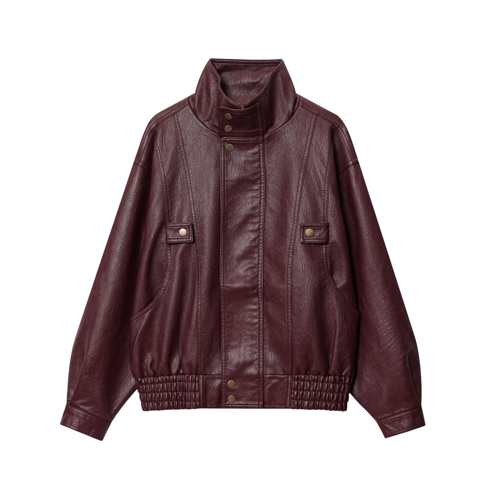 Damen lässige Kunstlederjacke mit hohem Kragen und Weitenregulierung R&B