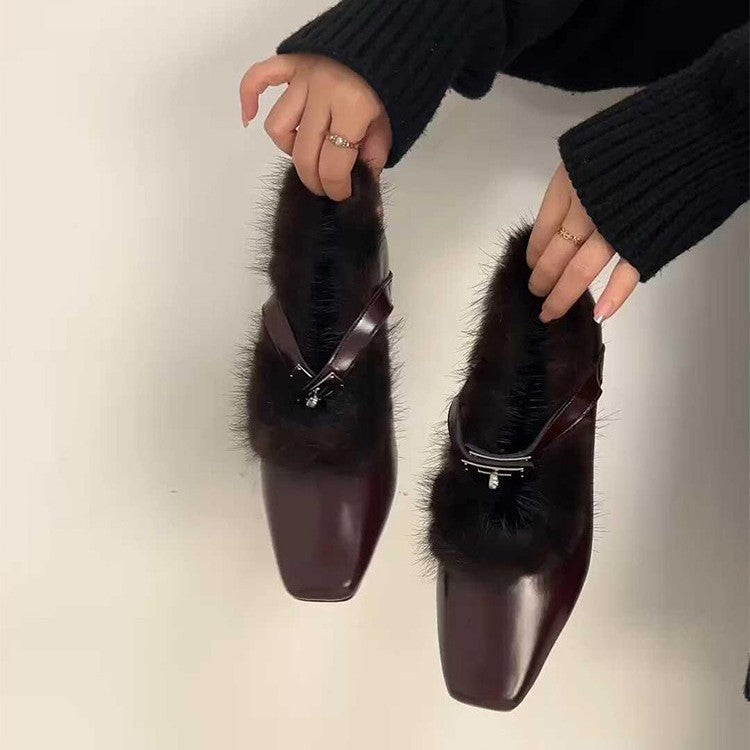 Damen elegante Pantoletten mit luxuriösem Fellbesatz