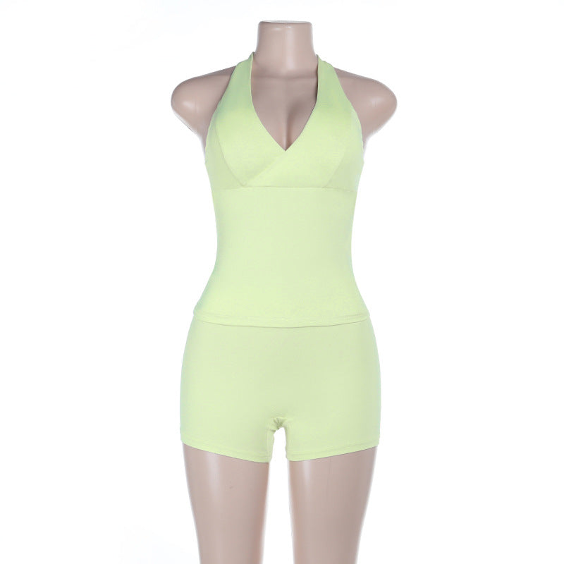 Damen sportlicher Einteiler mit tiefem V-Ausschnitt und schulterfreiem Design R&B