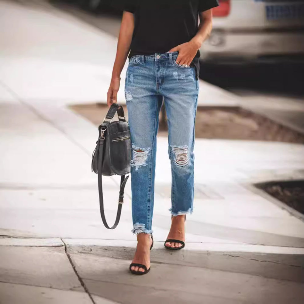Damen Jeanshose mit modischen Destroyed-Details und bequemer Passform R&B