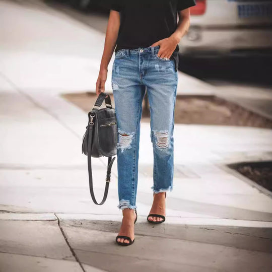 Damen Jeanshose mit modischen Destroyed-Details und bequemer Passform R&B
