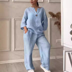 Damen nan lässiges Leinen-Relax-Set mit weiter Hose und Hemdbluse R&B