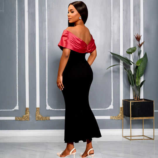 Damen elegantes schulterfreies Maxikleid mit voluminösen Rüschen R&B