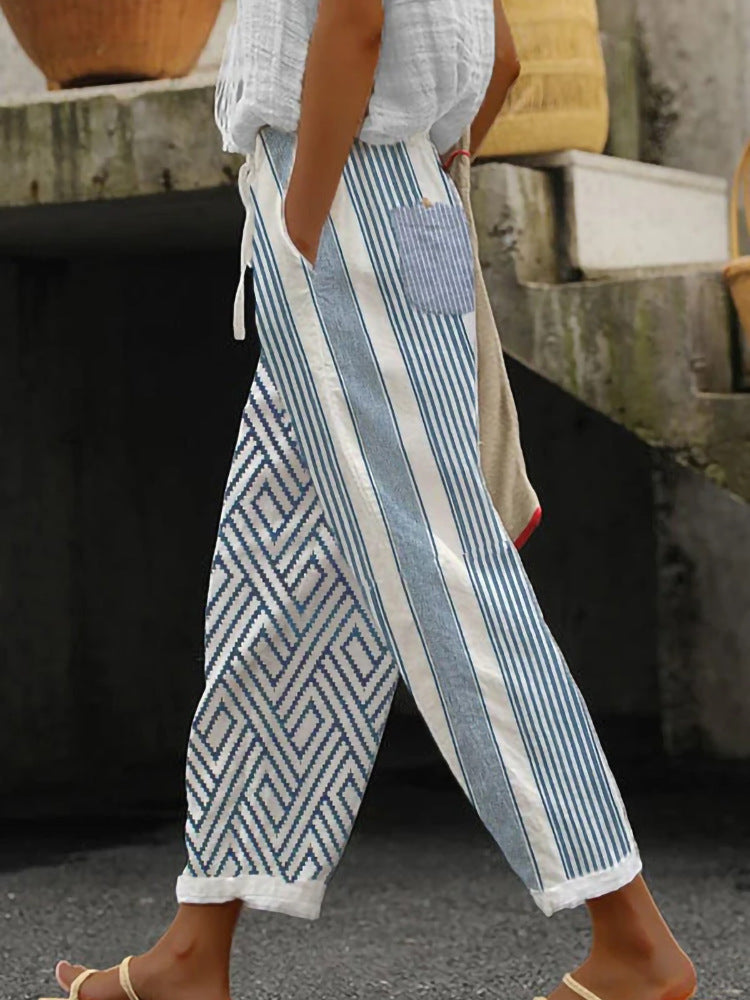 Damen Weite Leinenhose mit handgewtem Muster