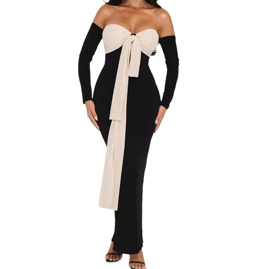 Damen Elegantes Off-Shoulder Maxikleid mit dekorativem Knoten und langen Ärmeln R&B