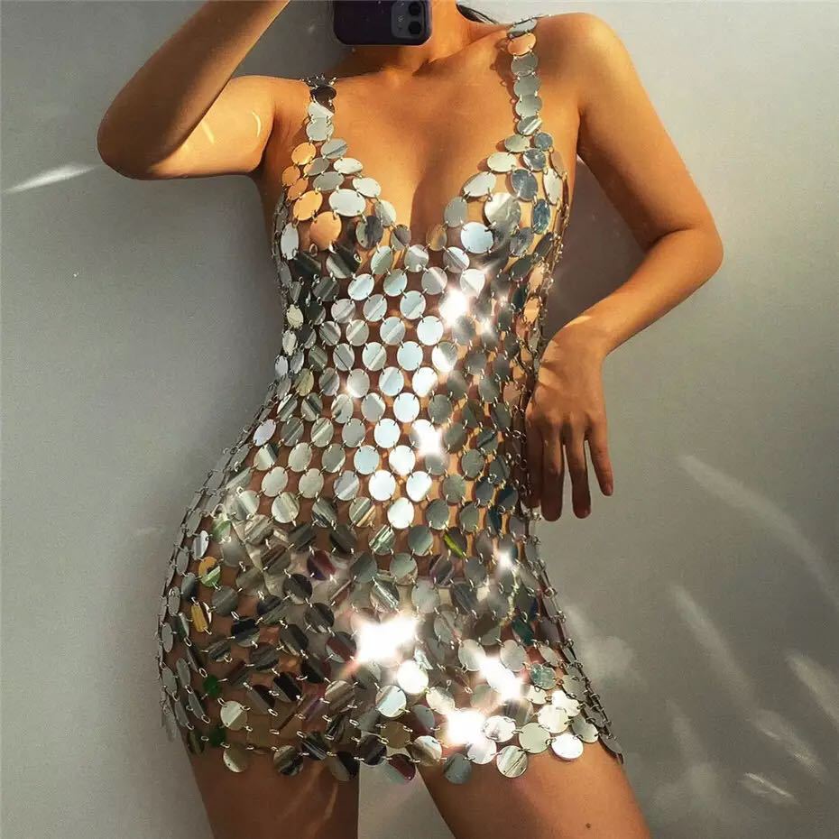 Damen Glamouröses Pailletten-Kleid mit tiefem V-Ausschnitt und funkelndem Design R&B