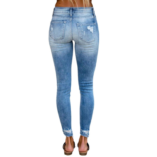 Damen Skinny Jeans mit modischen Rissen und hohem Bund R&B