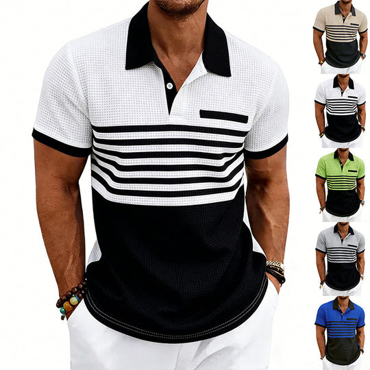 Herren nan Jacquard-Polo mit Blockstreifen, Brustblende und Baumwollmix R&B