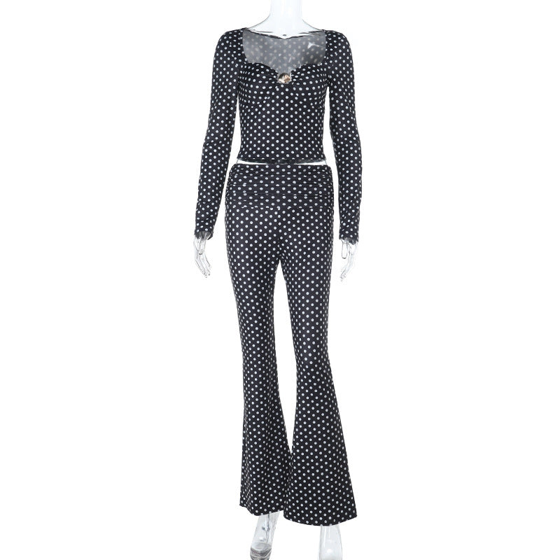 Damen figurbetonter Jumpsuit mit langen Ärmeln und Polka-Dot Muster R&B