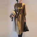 Damen Elegantes Knielanges Kleid mit Gürtel und Langarm