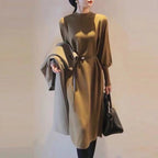 Damen Elegantes Knielanges Kleid mit Gürtel und Langarm