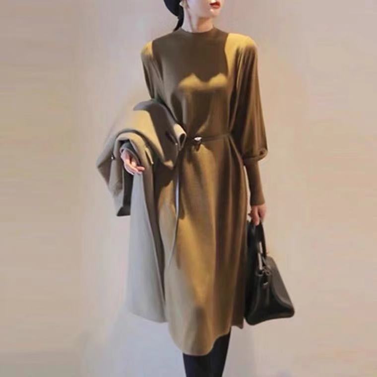 Damen Elegantes Knielanges Kleid mit Gürtel und Langarm