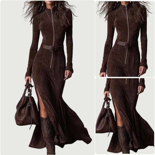 Damen Langarm Kleid mit Reißverschluss und seitlichen Schlitzen R&B