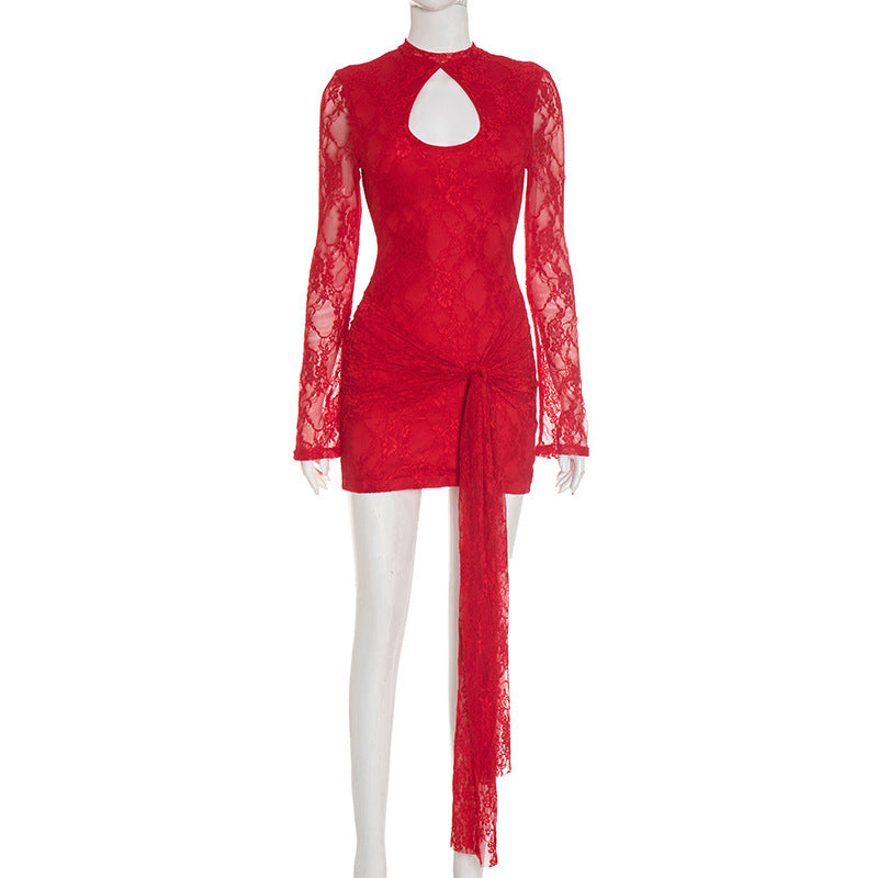 Damen Spitzen-Minikleid mit tiefem Ausschnitt und langen Ärmeln R&B