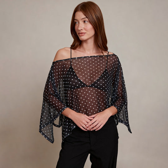 Damen transparentes Oberteil mit asymmetrischem Schnitt und Polka-Dots R&B