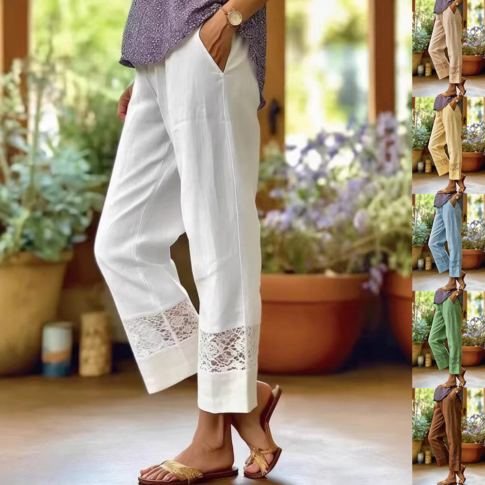 Damen Leichte Leinenhose mit Spitzenakzenten R&B