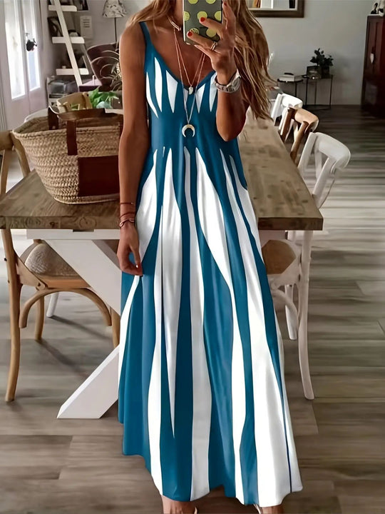 Damen Maxikleid mit raffiniertem Streifenmuster und tiefem V-Ausschnitt Heidi-Mode