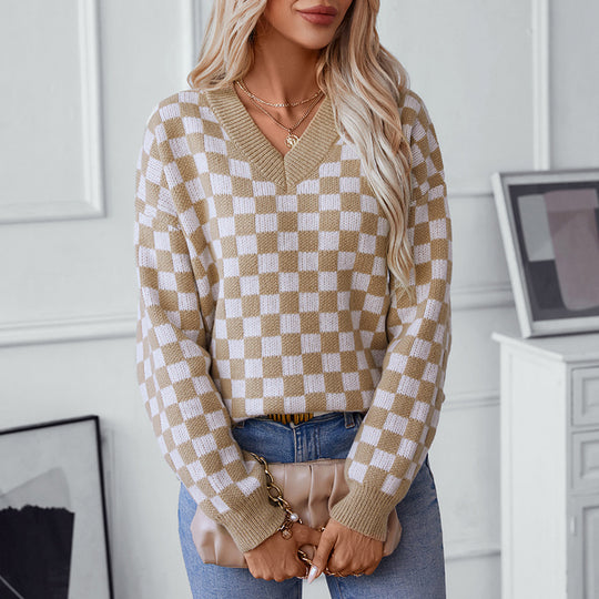 Damen lässiger V-Ausschnitt Pullover mit Karo-Muster und lockerer Passform R&B