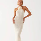 Damen Häkel-Maxikleid mit hohem Schlitzausschnitt