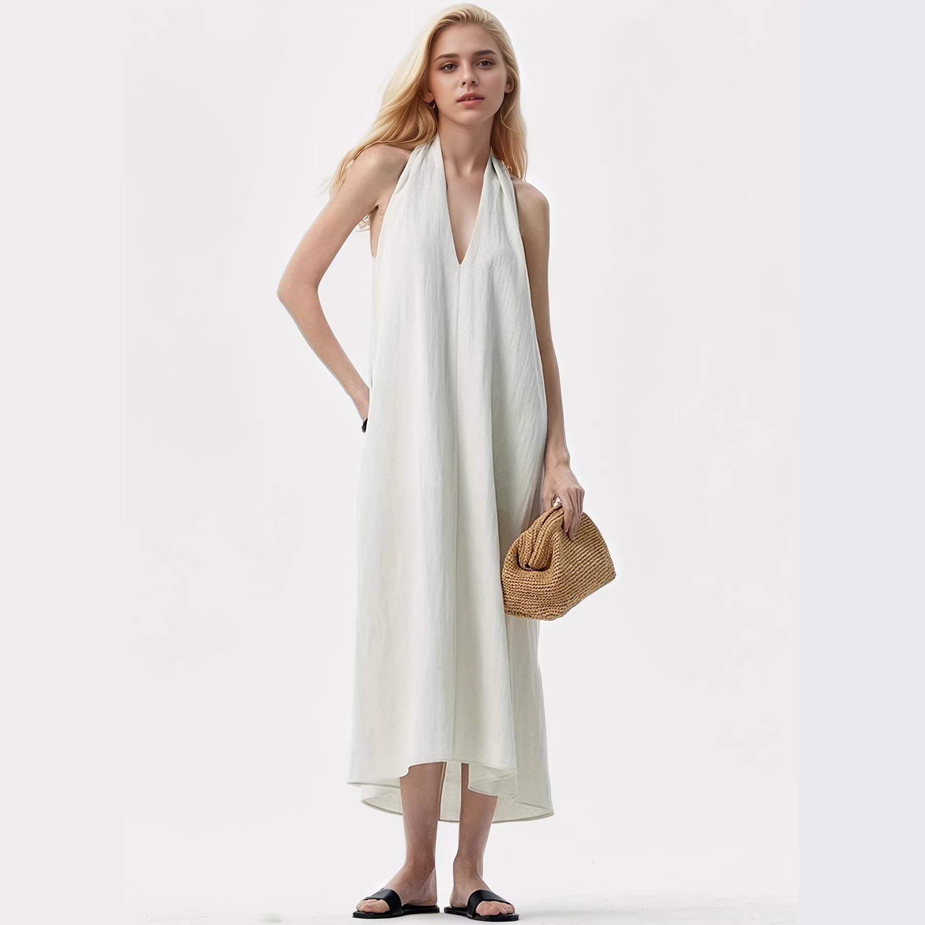 Damen Elegantes Maxikleid mit tiefem V-Ausschnitt und fließendem Stoff R&B