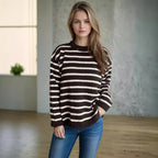 Damen lässiger Strickpullover mit breiten Streifen und lockerer Passform R&B