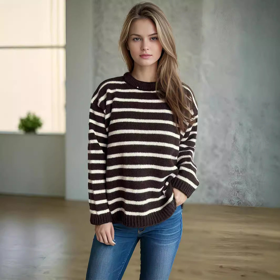 Damen lässiger Strickpullover mit breiten Streifen und lockerer Passform R&B
