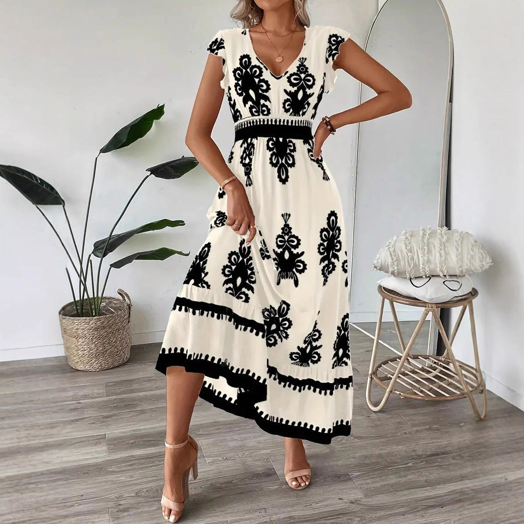 Damen Maxikleid mit floralem Muster und V-Ausschnitt R&B
