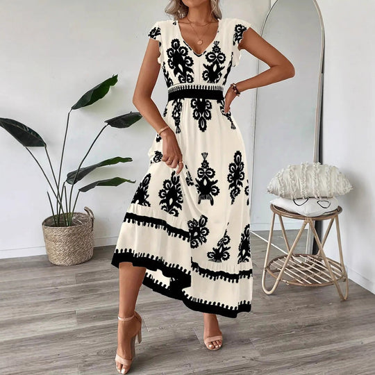 Damen Maxikleid mit floralem Muster und V-Ausschnitt R&B