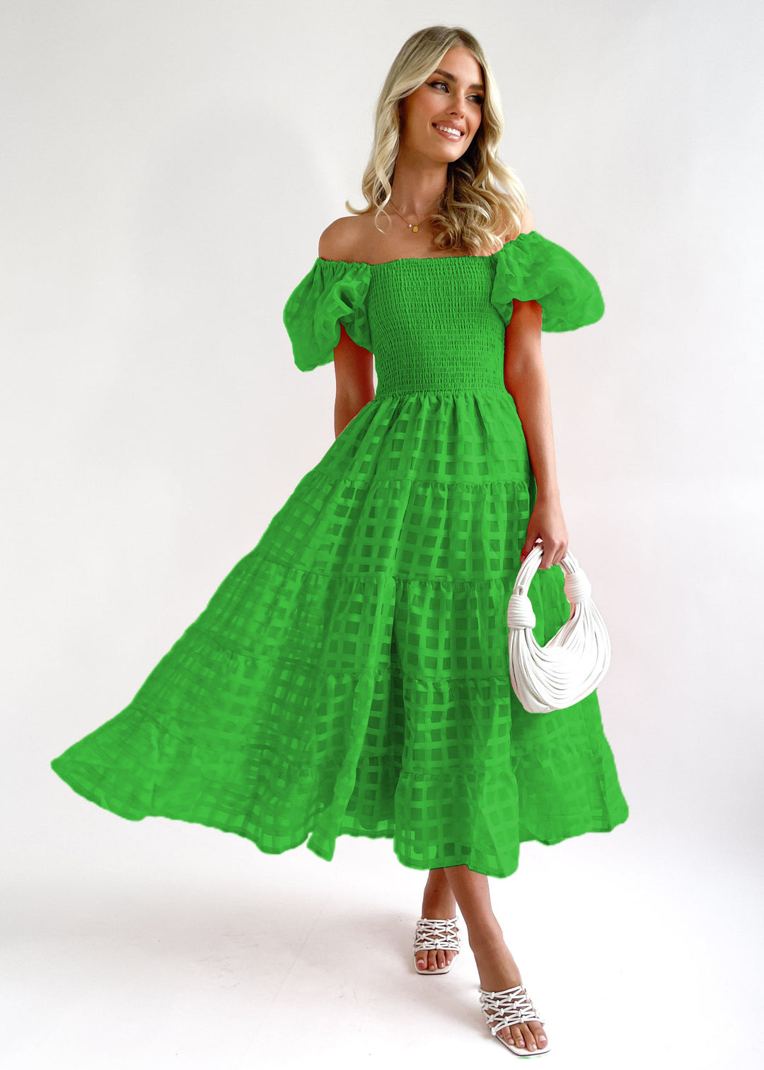 Damen Luftiges Maxikleid mit schwingendem Rock und voluminösen Puffärmeln R&B