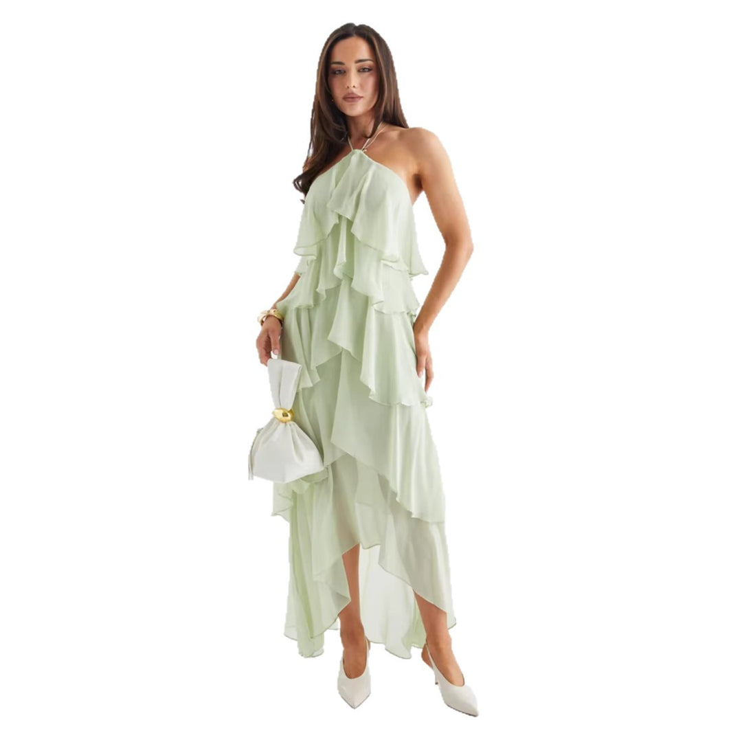 Damen Luftiges Chiffon-Maxikleid mit Rüschendetails und elegantem Halterneck R&B
