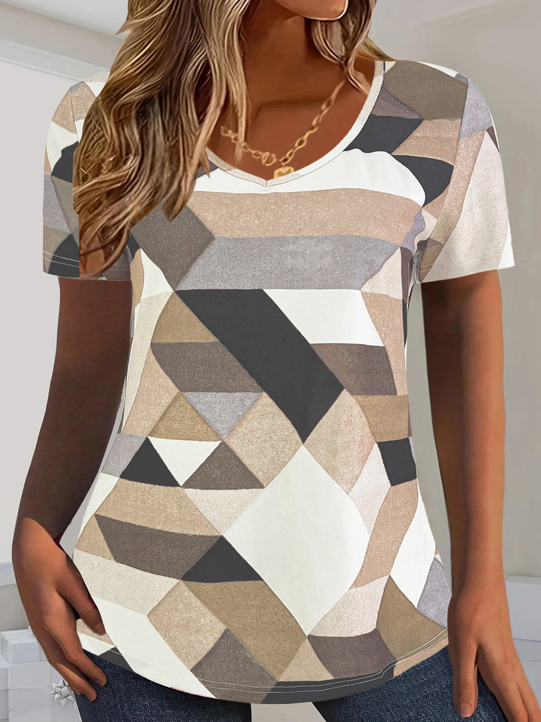Damen V-Ausschnitt T-Shirt mit geometrischem Muster und weichem Material R&B