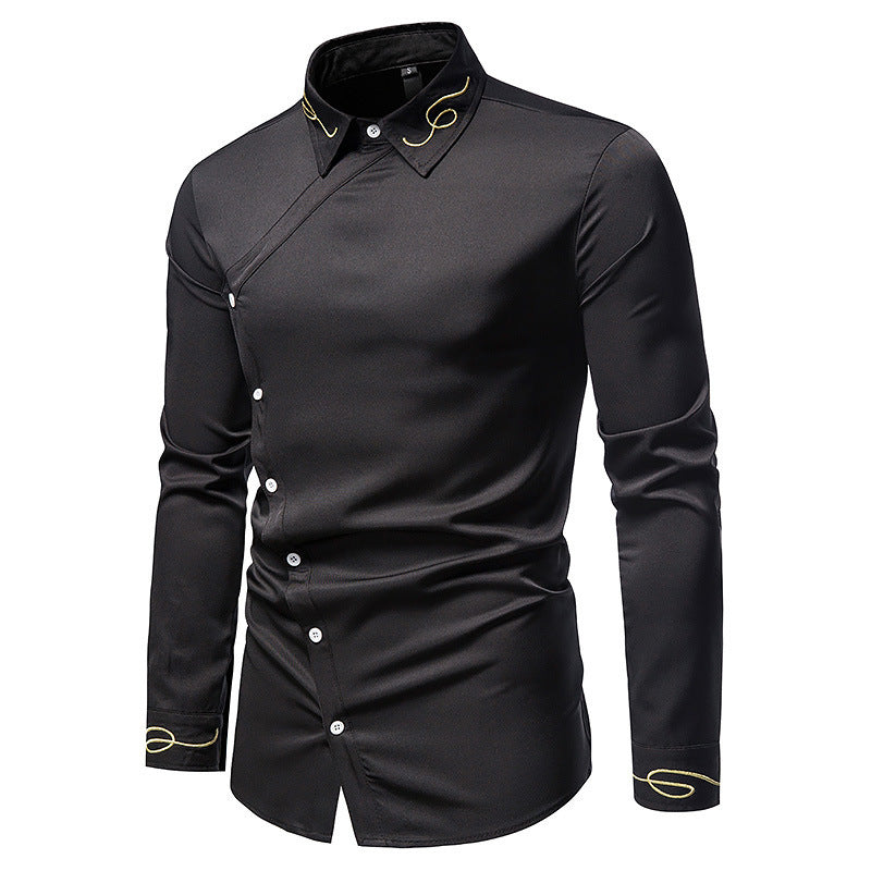 Herren Elegantes Langarmhemd mit asymmetrischem Knopfdesign und gesticktem Kragen R&B