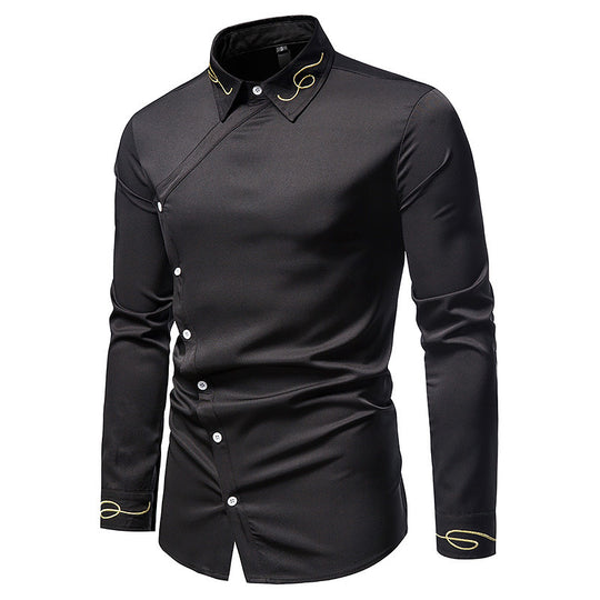 Herren Elegantes Langarmhemd mit asymmetrischem Knopfdesign und gesticktem Kragen R&B