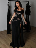 Damen Elegantes Spitzenkleid mit tiefem Schlitz und trägerlosem Schnitt R&B
