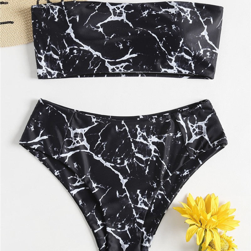 Damen Bandeau-Bikini mit elegantem Marmormuster R&B