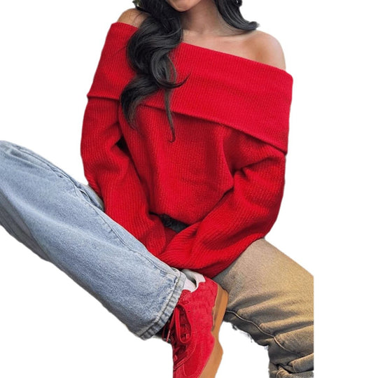 Damen Off-Shoulder Strickpullover mit weitem Ärmel R&B