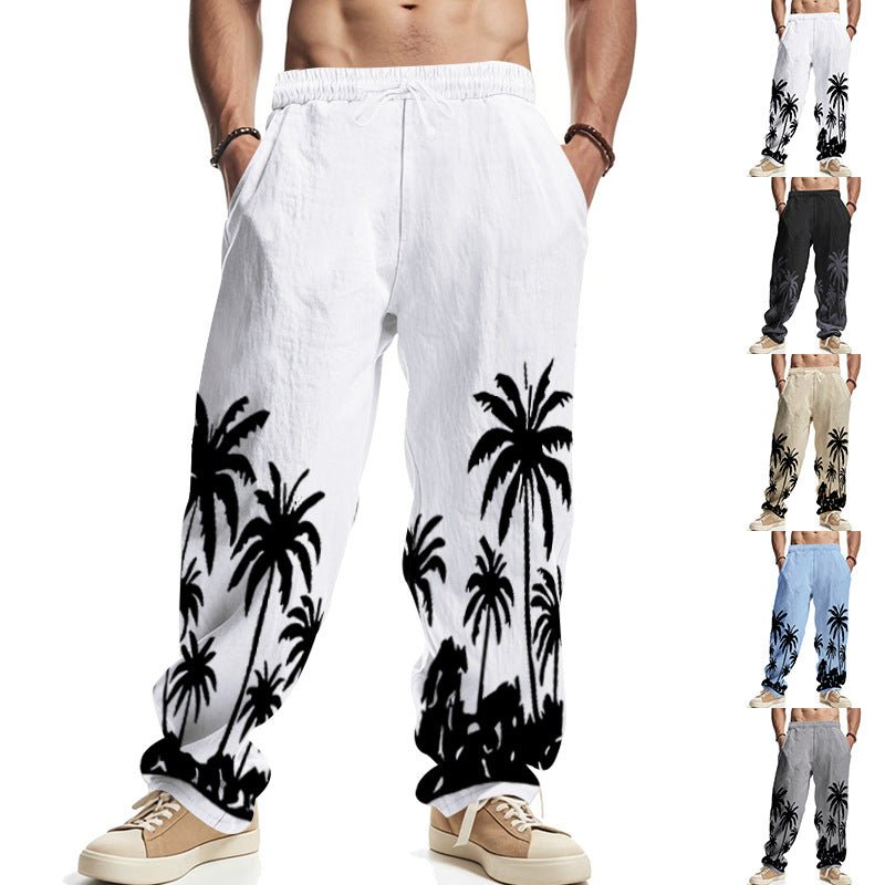 Herren nan weite Freizeit-Hose aus Baumwoll-Leinen-Mix mit Palmenprint, Elastikbund und Kordelzug R&B