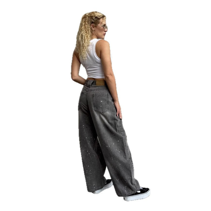 Damen Weite High-Waist Jeans mit kreativen Farbklecksen R&B
