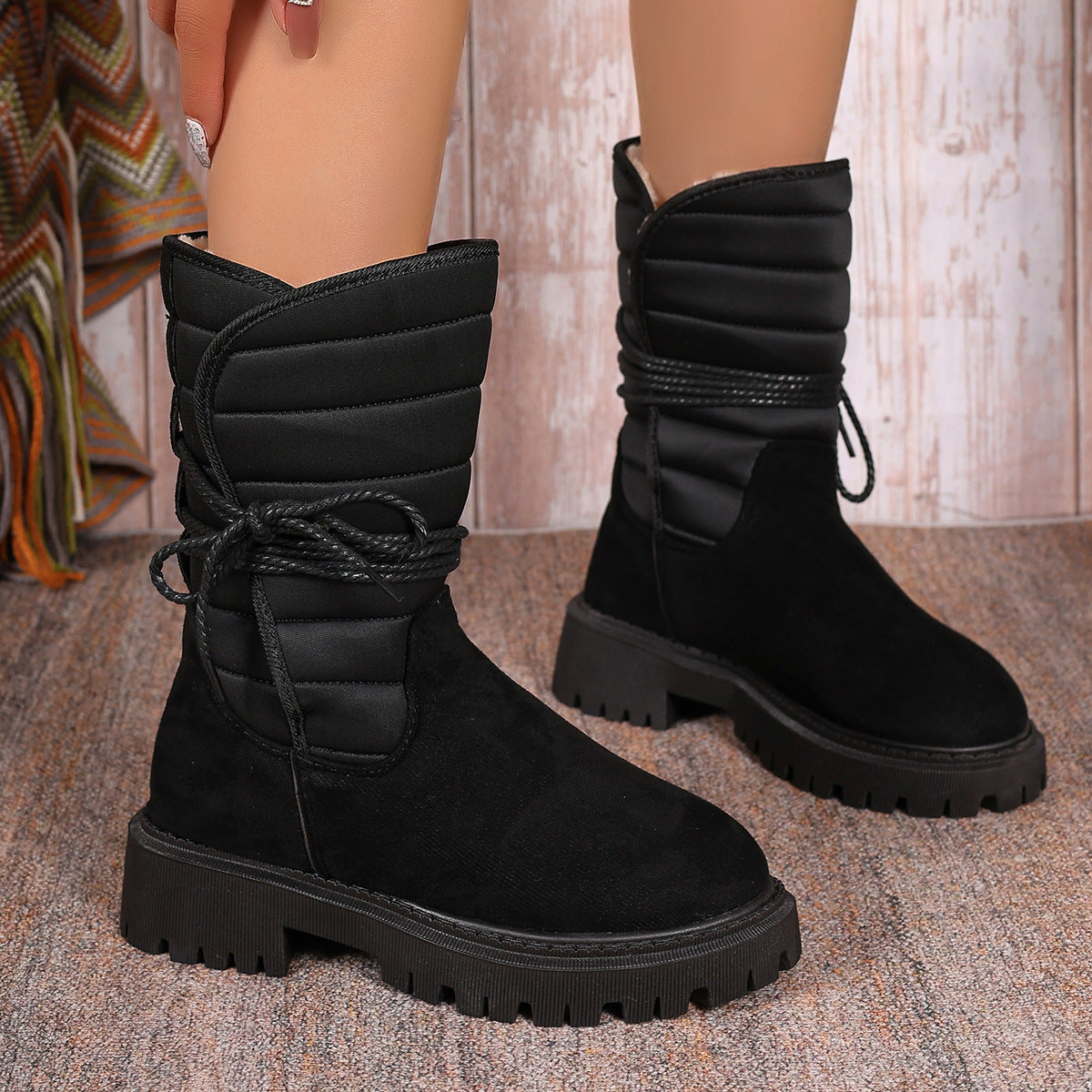 Damen gefütterte Schnürstiefel mit modischem Rüschendesign und rutschfester Sohle R&B