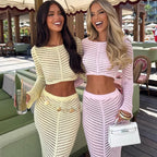 Damen elegantes gehäkeltes Set mit langärmligem Crop-Top und figurbetonendem Rock R&B