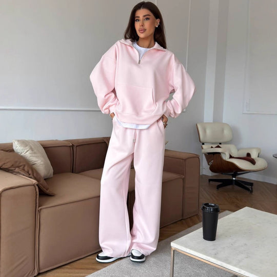 Damen lässiges Fleece-Set mit hochgeschlossenem Reißverschluss und weiten Beinen R&B