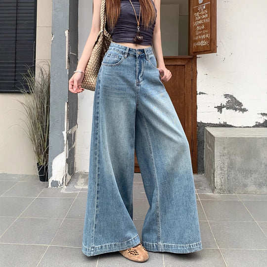 Damen Weite Denim-Hose mit lässigem Schnitt und hoch tailliertem Design R&B