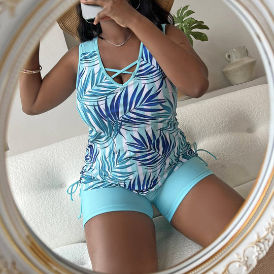 Damen Bade-Top mit seitlichen Rüschendetails und modischem Blattmuster R&B