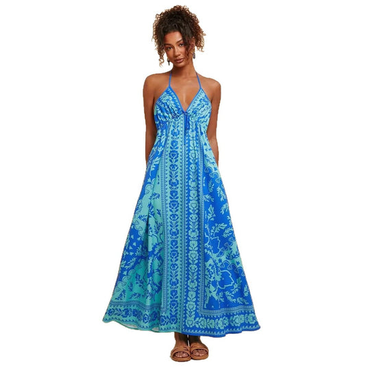 Damen Maxikleid mit tiefem V-Ausschnitt und floralen Musterdetails R&B