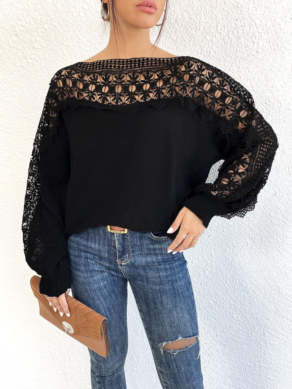 Damen lässiger Pullover mit einzigartigem Häkel-Ausschnitt R&B